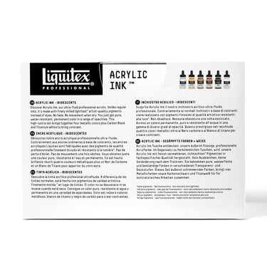 Coffret Liquitex encres Acrylique - 6x30ml - Iridescents [dos de l'emballage]