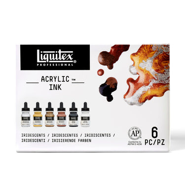 Gros plan du coffret Liquitex Encres Acrylique - 6x30ml - Iridescents sur fond blanc