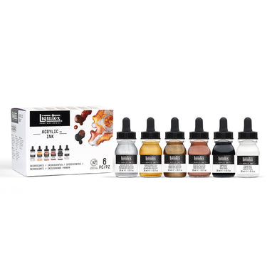 Coffret Encres Acrylique, 6x30ml, Iridescents gros plan des produits sortis de la boîte à côté du coffret