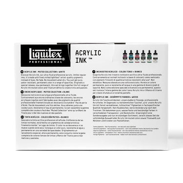 Coffret Liquitex encres Acrylique - 6x30ml - Collection Feutrée + Blanc [dos de l'emballage]