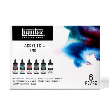 Gros plan du coffret Liquitex Encres Acrylique - 6x30ml - Collection Feutrée + Blanc sur fond blanc
