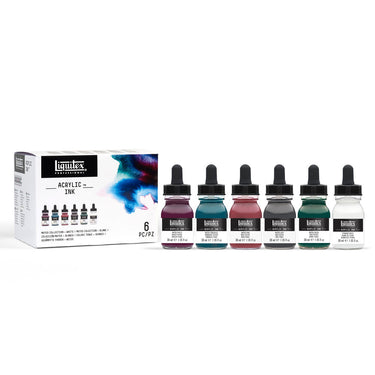 Coffret encres Acrylique, 6x30ml, Collection Feutrée + Blanc gros plan des produits sortis de la boîte à côté du coffret
