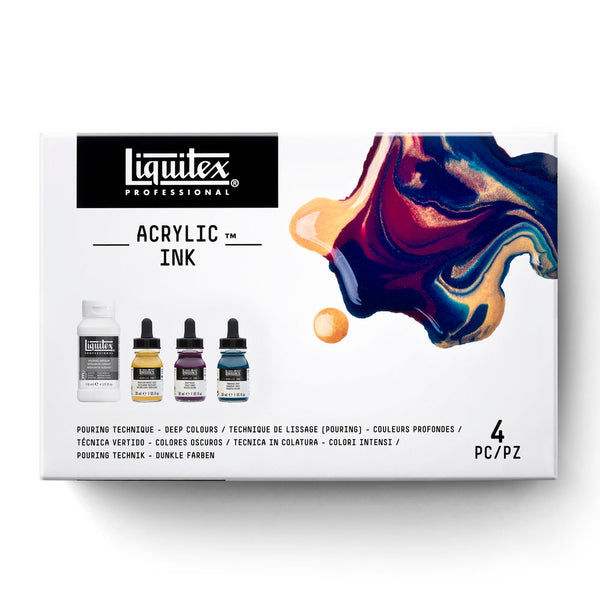 Gros plan du coffret Liquitex Encres Acrylique - Technique de lissage (pouring) - Couleurs profondes sur fond blanc