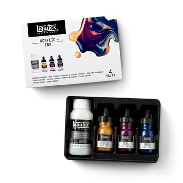 Coffret encres Acrylique - Technique de lissage (pouring) - Couleurs profondes disposés en 1 plateaux noirs, montrant les couleurs du coffret