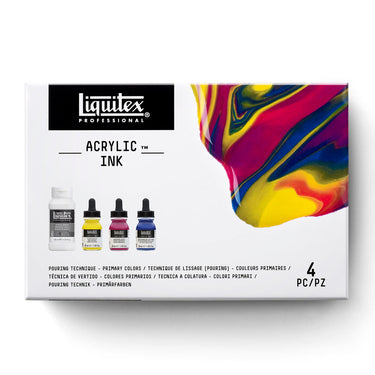 Gros plan du coffret Liquitex Encres Acrylique - Technique de lissage (pouring) - Couleurs Primaires sur fond blanc