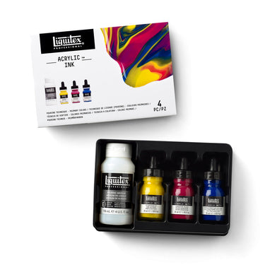 Coffret encres Acrylique - Technique de lissage (pouring) - Couleurs Primaires disposés en 1 plateaux noirs, montrant les couleurs du coffret