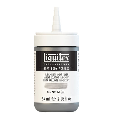 Acrylique Soft Body Flacon de 59ML, Argent Éclatant Iridescent. Sans Capouchon, Sur Fond Blanc.