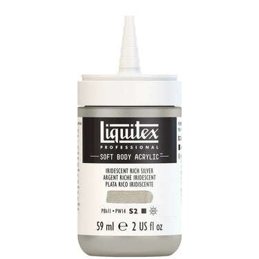 Acrylique Soft Body Flacon de 59ML, Argent Riche Iridescent. Sans Capouchon, Sur Fond Blanc.