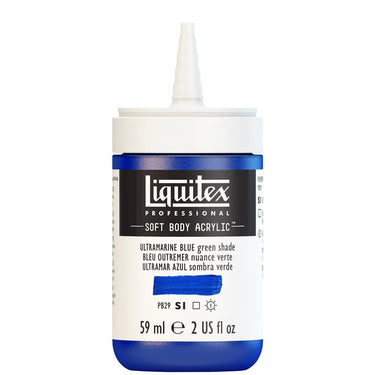 Acrylique Soft Body Flacon de 59ML, Bleu Outremer Nuance Verte. Sans Capouchon, Sur Fond Blanc.