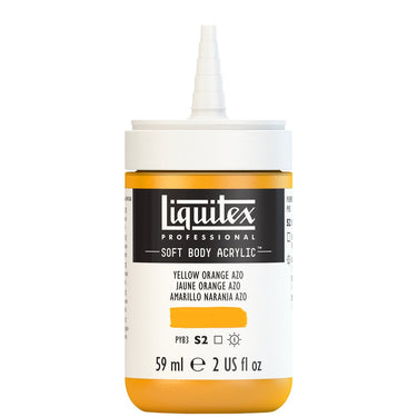 Acrylique Soft Body Flacon de 59ML, Jaune Orange Azo. Sans Capouchon, Sur Fond Blanc.