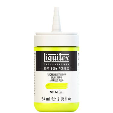 Acrylique Soft Body Flacon de 59ML, Jaune Fluorescent. Sans Capouchon, Sur Fond Blanc.