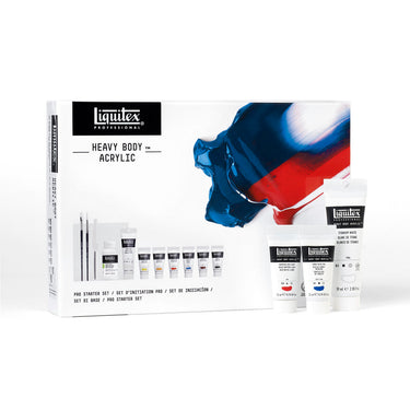 Coffret acrylique Heavy Body, Initiation gros plan des produits sortis de la boîte à côté du coffret