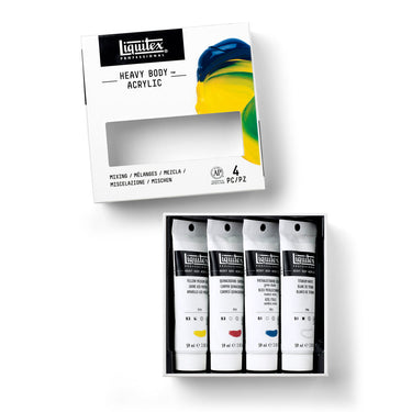 Coffret acrylique Heavy Body - 4x59ml - Mélanges disposés en 1 plateaux noirs, montrant les couleurs du coffret