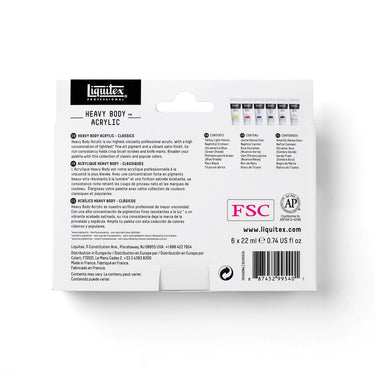 Coffret acrylique Liquitex Heavy Body - 6x22ml - Classiques [dos de l'emballage]