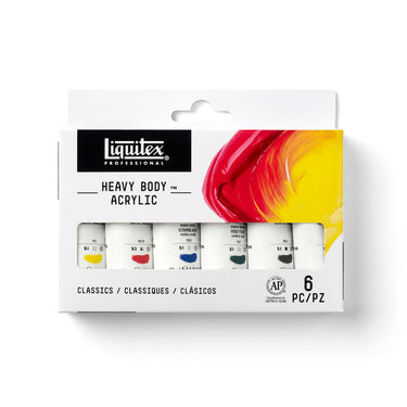 Gros plan du coffret Liquitex Acrylique Heavy Body - 6x22ml - Classiques sur fond blanc