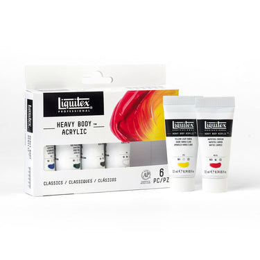 Coffret acrylique Heavy Body, 6x22ml, Classiques gros plan des produits sortis de la boîte à côté du coffret
