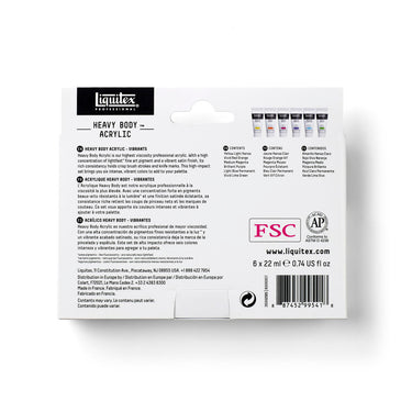 Coffret acrylique Liquitex Heavy Body - 6x22ml - Vibrants [dos de l'emballage]