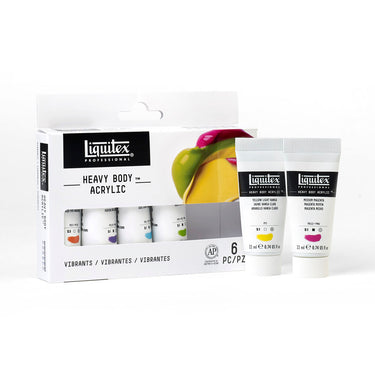 Coffret acrylique Heavy Body, 6x22ml, Vibrants gros plan des produits sortis de la boîte à côté du coffret