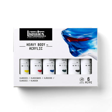 Gros plan du coffret Liquitex Acrylique Heavy Body - 6x59ml - Classiques sur fond blanc