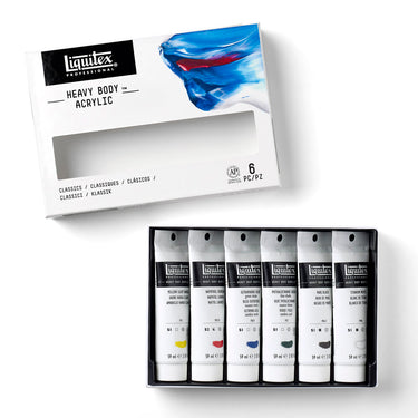 Coffret acrylique Heavy Body - 6x59ml - Classiques disposés en 1 plateaux noirs, montrant les couleurs du coffret