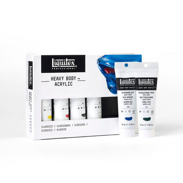 Coffret acrylique Heavy Body, 6x59ml, Classiques gros plan des produits sortis de la boîte à côté du coffret