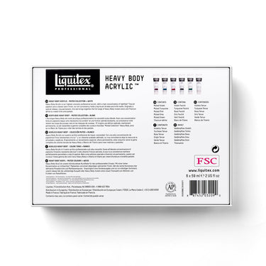 Coffret acrylique Liquitex Heavy Body - 6x59ml - Collection Feutrée + Blanc [dos de l'emballage]
