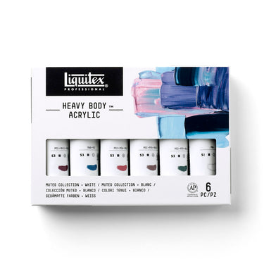 Gros plan du coffret Liquitex Acrylique Heavy Body - 6x59ml - Collection Feutrée + Blanc sur fond blanc