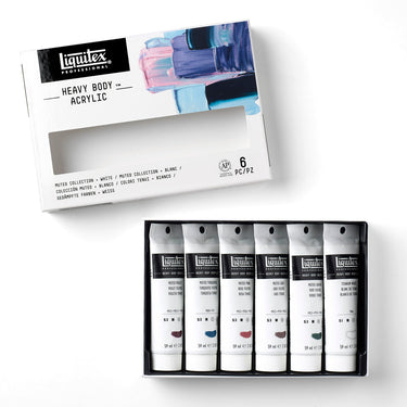 Coffret acrylique Heavy Body - 6x59ml - Collection Feutrée + Blanc disposés en 1 plateaux noirs, montrant les couleurs du coffret