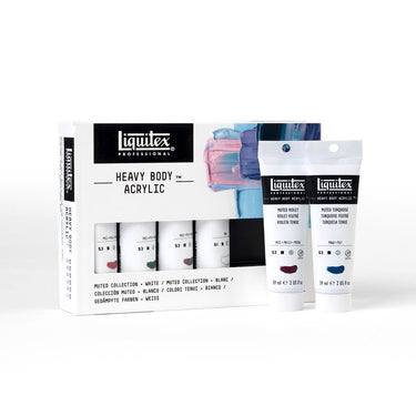 Coffret acrylique Heavy Body, 6x59ml, Collection Feutrée + Blanc gros plan des produits sortis de la boîte à côté du coffret