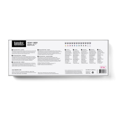 Coffret acrylique Liquitex Heavy Body -12x59ml - Classiques [dos de l'emballage]