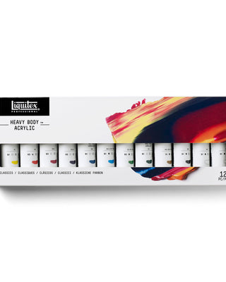 Gros plan du coffret Liquitex Acrylique Heavy Body -12x59ml - Classiques sur fond blanc