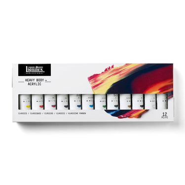 Gros plan du coffret Liquitex Acrylique Heavy Body -12x59ml - Classiques sur fond blanc
