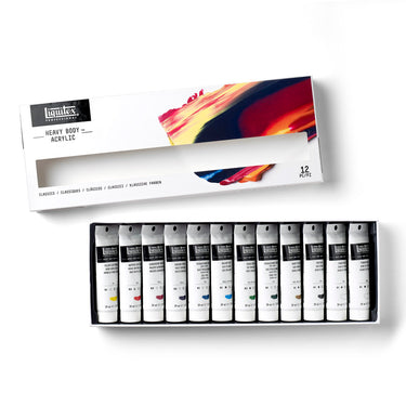 Coffret acrylique Heavy Body -12x59ml - Classiques disposés en 1 plateaux noirs, montrant les couleurs du coffret