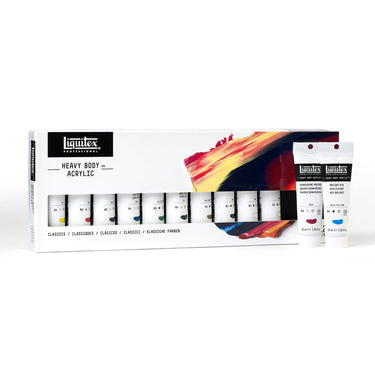 Coffret acrylique Heavy Body -12x59ml, Classiques gros plan des produits sortis de la boîte à côté du coffret