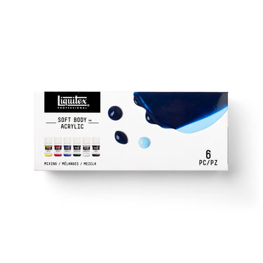 Gros plan du coffret Liquitex Acrylique Soft Body - 6x22ml - Mélanges sur fond blanc