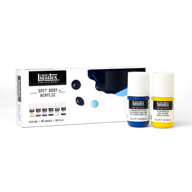 Coffret acrylique Soft Body, 6x22ml, Mélanges gros plan des produits sortis de la boîte à côté du coffret