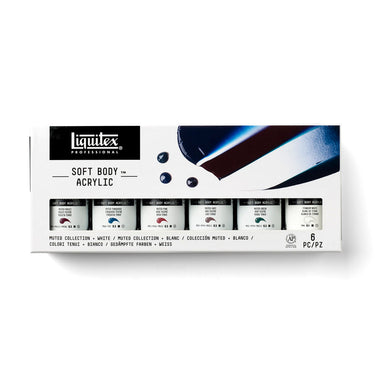 Gros plan du coffret Liquitex Soft Body - 6x59ml - Collection Feutrée + Blanc sur fond blanc