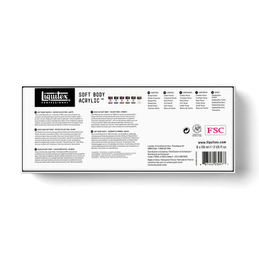 Coffret Liquitex Soft Body - 6x59ml - Collection Feutrée + Blanc [dos de l'emballage]
