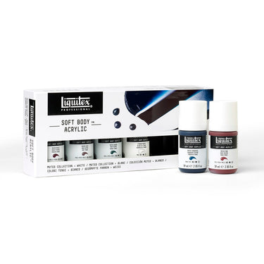 Coffret Soft Body, 6x59ml, Collection Feutrée + Blanc gros plan des produits sortis de la boîte à côté du coffret