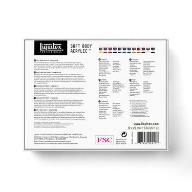 Coffret acrylique Liquitex Soft Body - 12x22ml - Essentiels [dos de l'emballage]