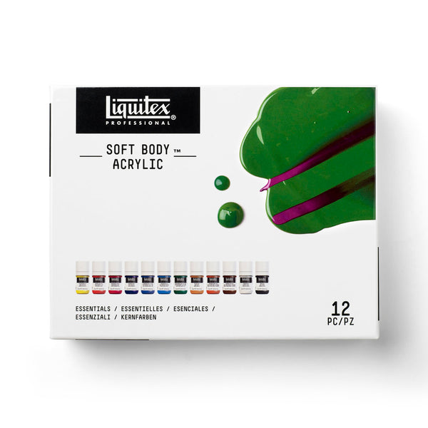 Gros plan du coffret Liquitex Acrylique Soft Body - 12x22ml - Essentiels sur fond blanc