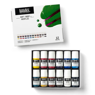 Coffret acrylique Soft Body - 12x22ml - Essentiels disposés en 1 plateaux noirs, montrant les couleurs du coffret