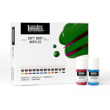 Coffret acrylique Soft Body, 12x22ml, Essentiels gros plan des produits sortis de la boîte à côté du coffret