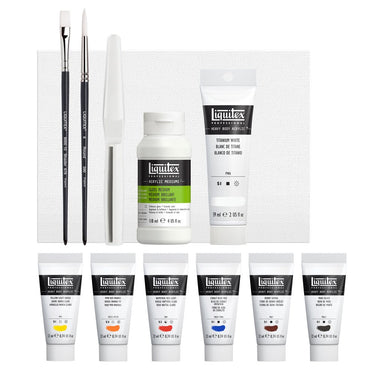 Coffret acrylique Heavy Body, Initiation gros plan des produits sortis de la boîte à côté du coffret