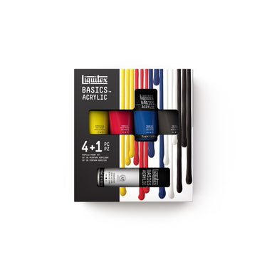 Gros plan du coffret Liquitex Acrylique Basics - 4x75ml + 1x118ml Blanc sur fond blanc
