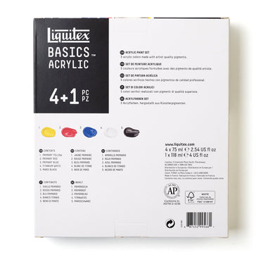 Coffret acrylique Liquitex Basics - 4x75ml + 1x118ml Blanc [dos de l'emballage]