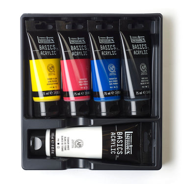 Coffret acrylique Basics - 4x75ml + 1x118ml Blanc disposés en 1 plateaux noirs, montrant les couleurs du coffret