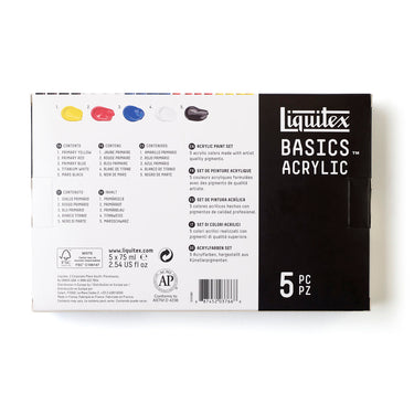 Coffret acrylique Liquitex Basics - 5x75ml [dos de l'emballage]
