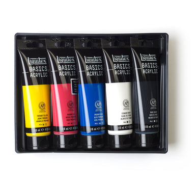 Basics Coffret 5x118 ml disposés en 1 plateaux noirs, montrant les couleurs du coffret