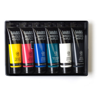 Coffret acrylique Basics - 6x118ml disposés en 1 plateaux noirs, montrant les couleurs du coffret